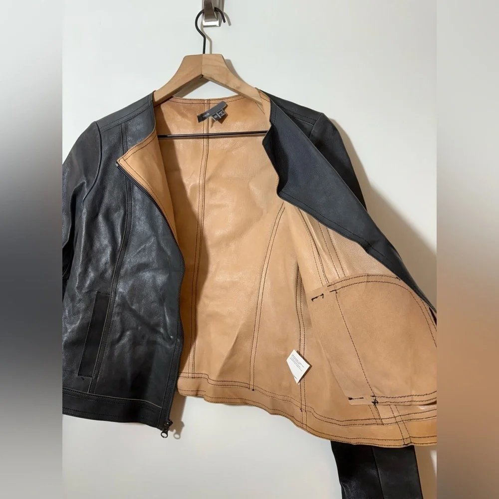 $995 Vince Black Zip Cross Front Leather Jacket Sz XS